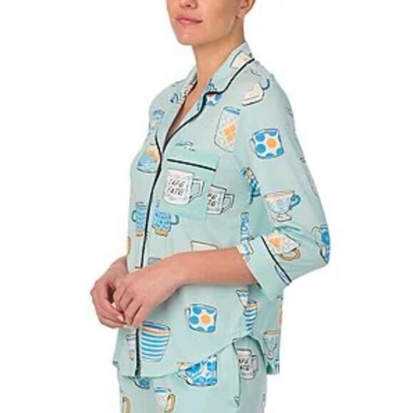 kate spade XLβLight Blue Tea Coffee Print Notch Collar 3/4 Sleeve Pants PJ Set - Picture 6 of 17